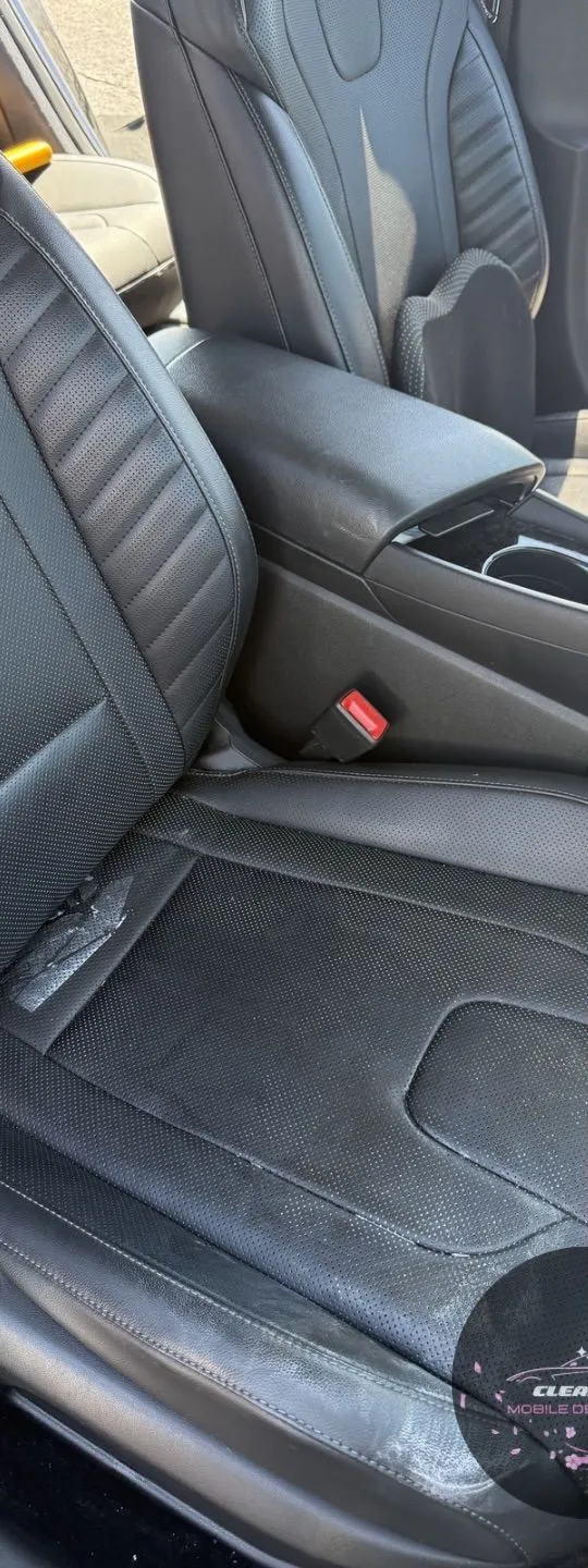 Before: grey leather seat with visible dirt and wear marks